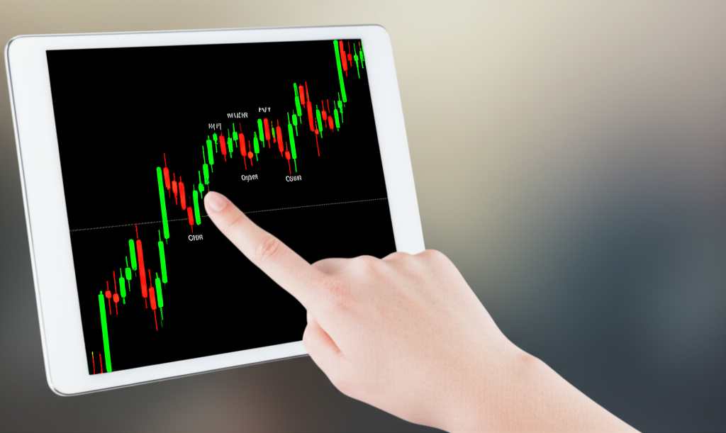 ภาพประกอบมือชี้ไปที่กราฟแท่งเทียนบนแท็บเล็ตแสดงราคาเปิด สูงสุด ต่ำสุด และปิด พร้อมแท่งสีเขียวและแดง