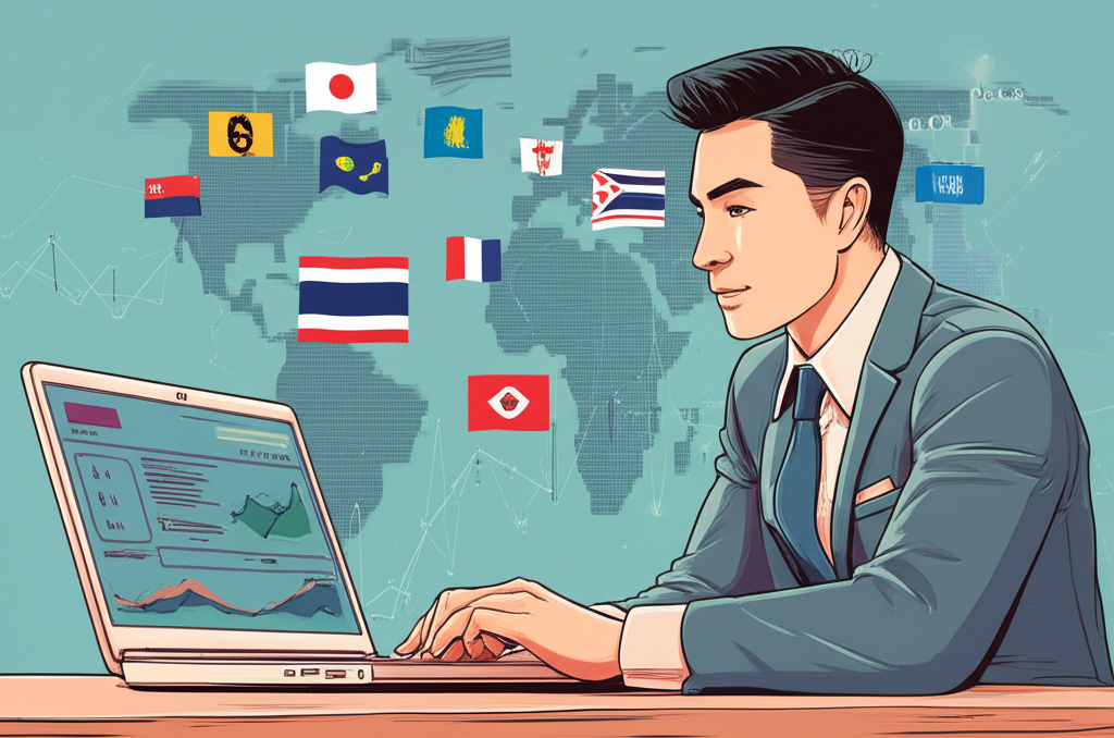 นักเทรดชาวไทยวิเคราะห์กราฟการเทรดด้วยความมั่นใจ ท่ามกลางภาพพื้นหลังตลาดสกุลเงินโลก