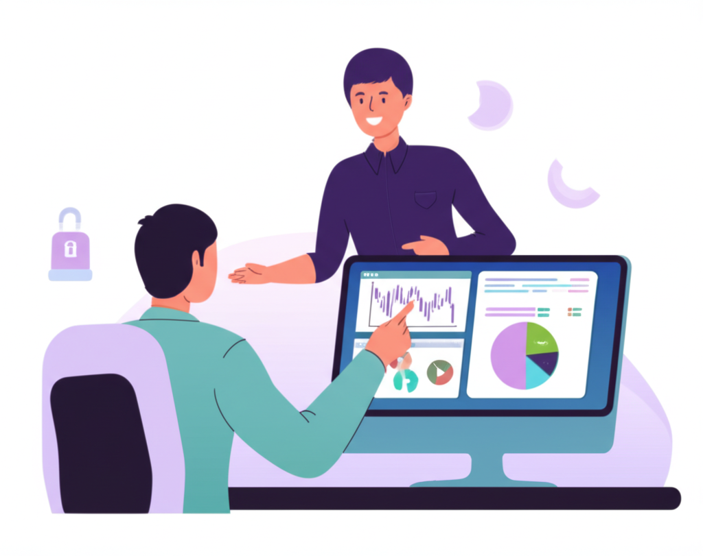 Illustration of a Thai trader confidently analyzing charts on a secure platform with a trusted financial partner