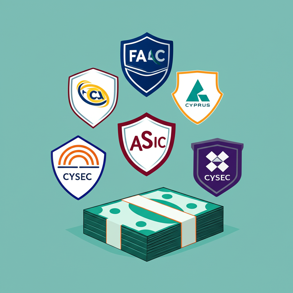 ภาพประกอบของโลโก้หน่วยงานกำกับดูแลการเงินระหว่างประเทศ เช่น FCA ASIC CySEC ที่ปกป้องกองเงินทุน