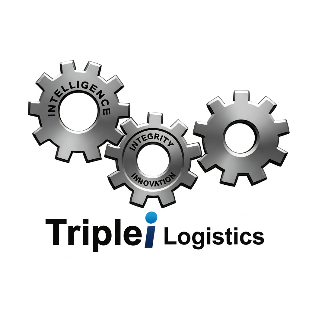 ภาพประกอบเฟืองสามตัวเชื่อมต่อกันแทนสติปัญญา ความซื่อสัตย์ และนวัตกรรม พร้อมโลโก้ Triple i Logistics