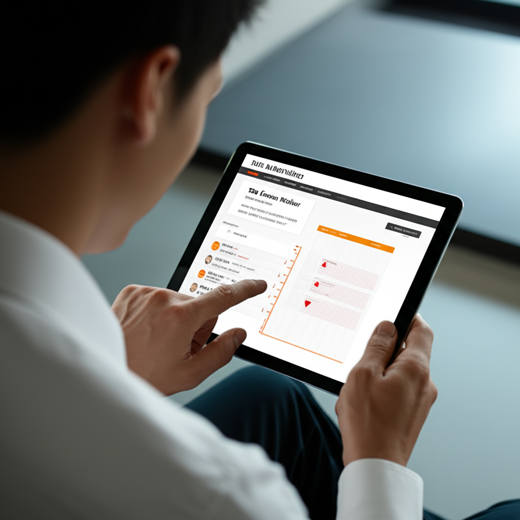 Thai investor carefully selecting a forex broker on a tablet with risk warnings illustration style