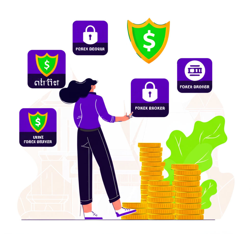 ภาพประกอบของบุคคลที่กำลังเลือกโบรกเกอร์ Forex อย่างมั่นใจจากไอคอนต่างๆ ที่แสดงถึงความปลอดภัยและผลกำไรในตลาดไทยที่เติบโต