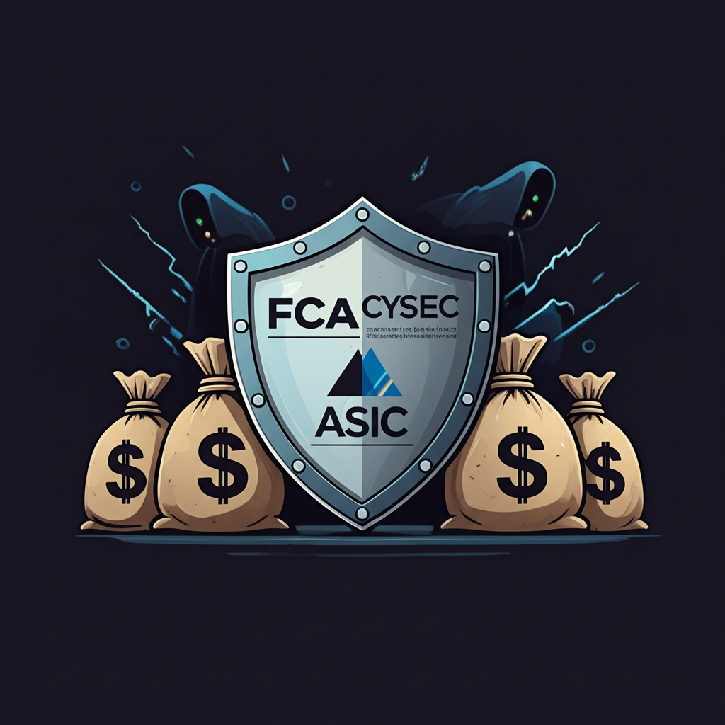 ภาพประกอบโล่แข็งแกร่งพร้อมโลโก้หน่วยงานกำกับดูแลระหว่างประเทศ FCA CySEC ASIC ที่ปกป้องถุงเงินจากภัยคุกคามดิจิทัลและการหลอกลวง