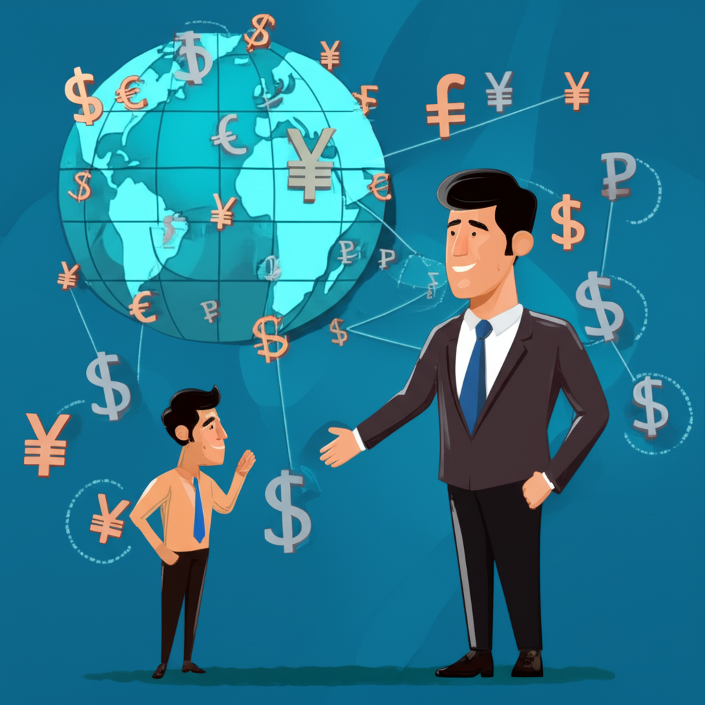 illustration of a forex broker character connecting a small trader to a vast global market with currency symbols floating around