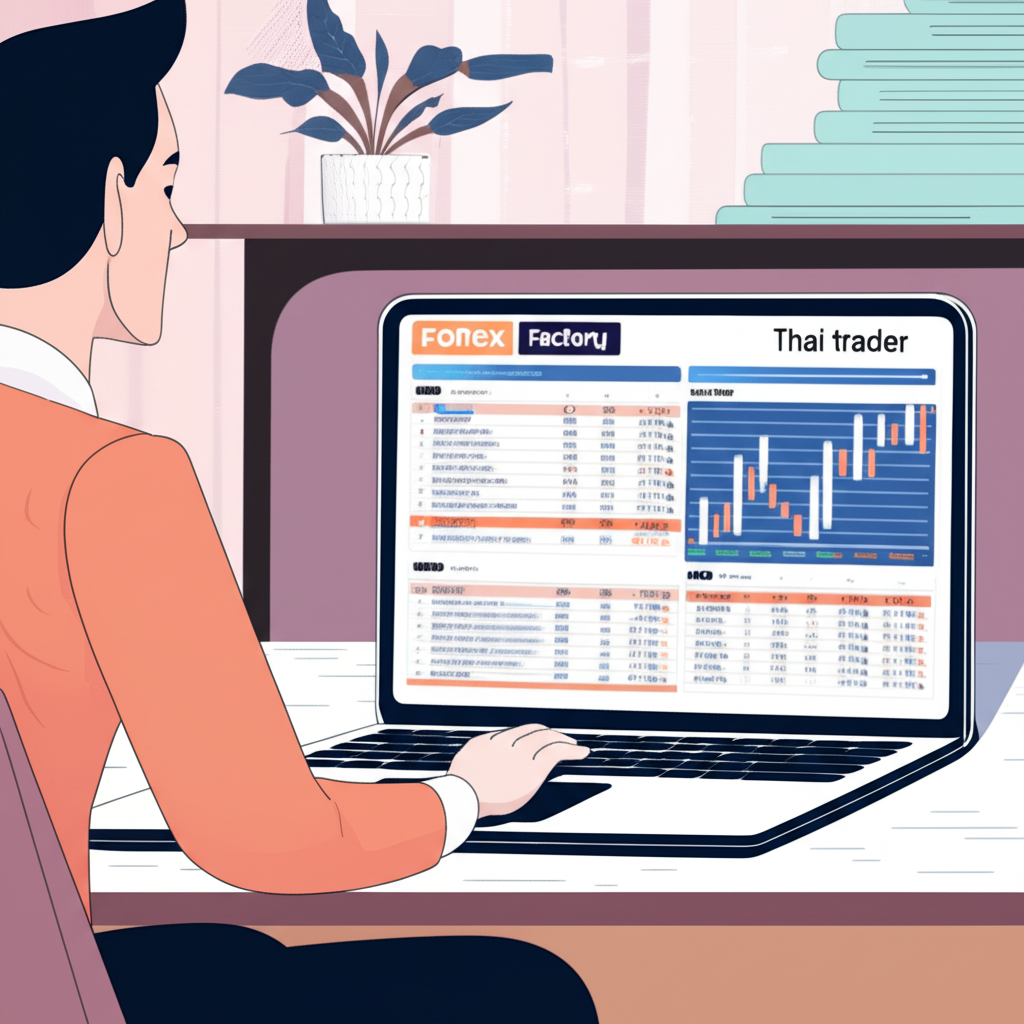 Thai trader analyzing forex factory economic calendar on laptop illustration