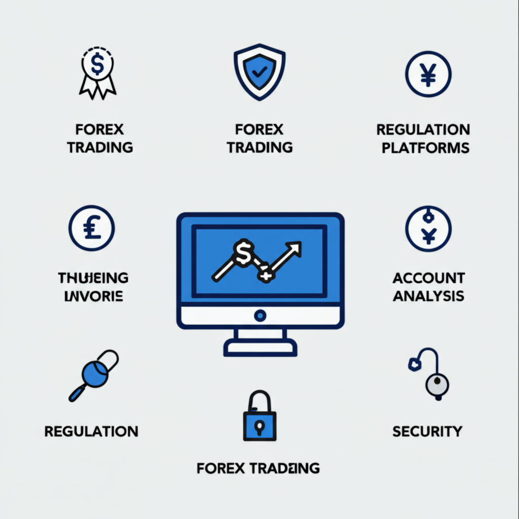 illustration of various icons representing forex trading criteria like a shield for regulation a computer for platforms