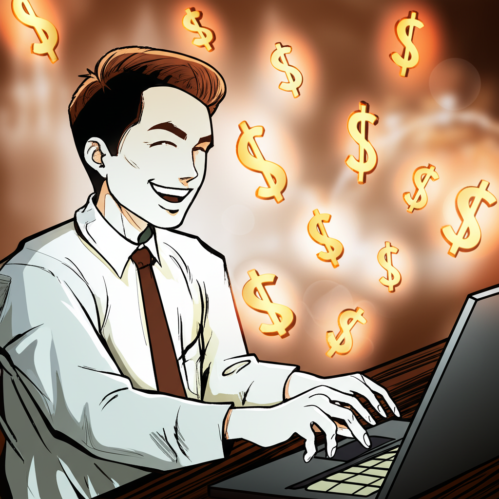 ภาพประกอบนักลงทุนชาวไทยยิ้มแย้มขณะเทรด Forex บนแล็ปท็อป พร้อมสัญลักษณ์เงินลอยรอบตัว