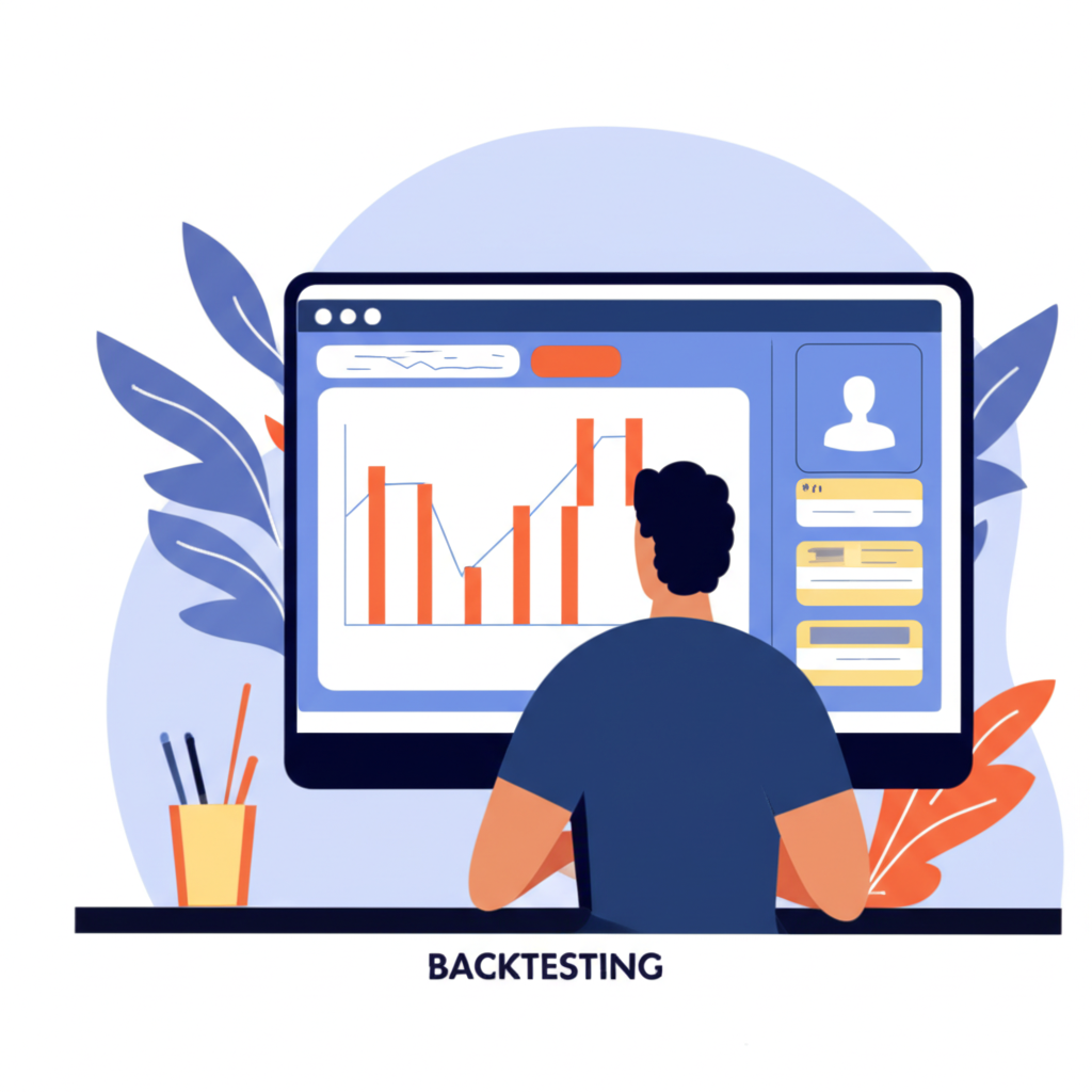An illustration of a trader analyzing past market data on a computer with graphs for forex backtesting