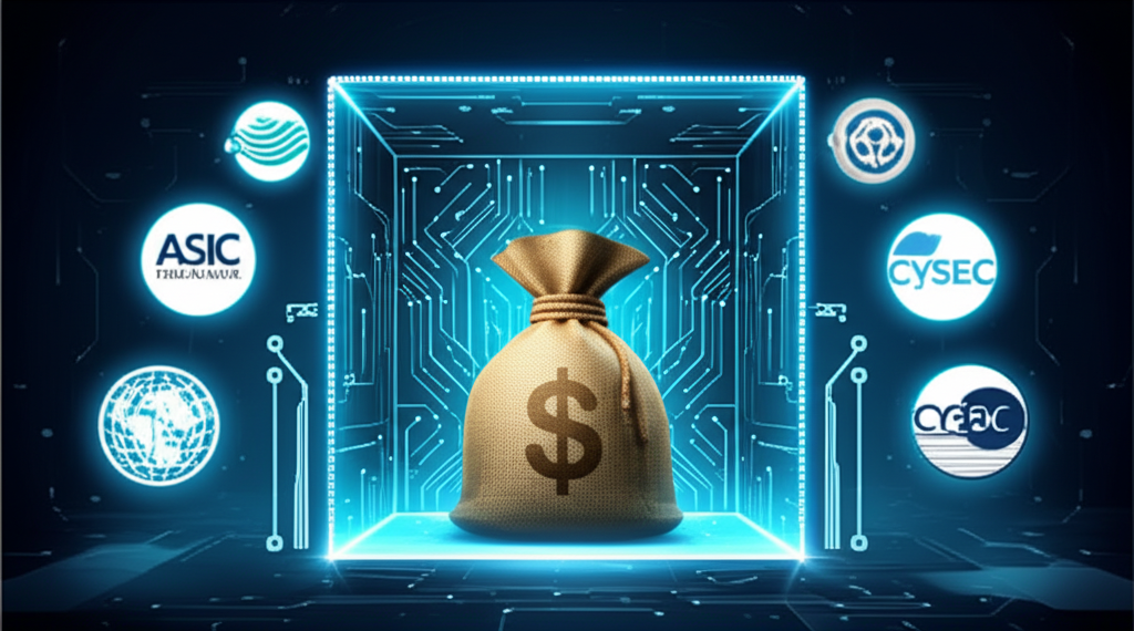 Illustration of a secure digital fortress with various global regulatory logos like ASIC FCA CySEC protecting a money bag