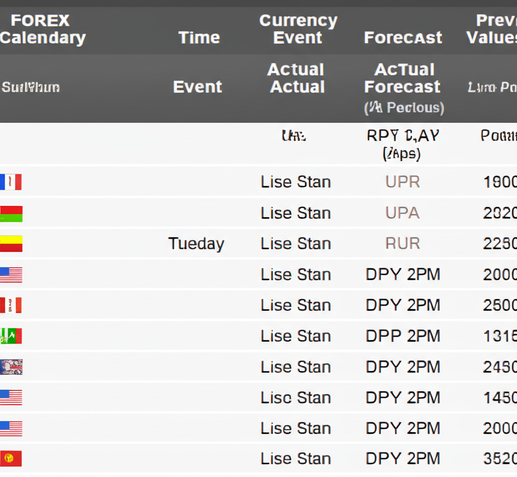 ภาพประกอบใกล้ชิดปฏิทินเศรษฐกิจ Forex Factory แสดงช่องข้อมูลหลัก เช่น เวลา สกุลเงิน เหตุการณ์ ผลกระทบ ค่าจริง ค่าคาดการณ์ และค่าก่อนหน้า
