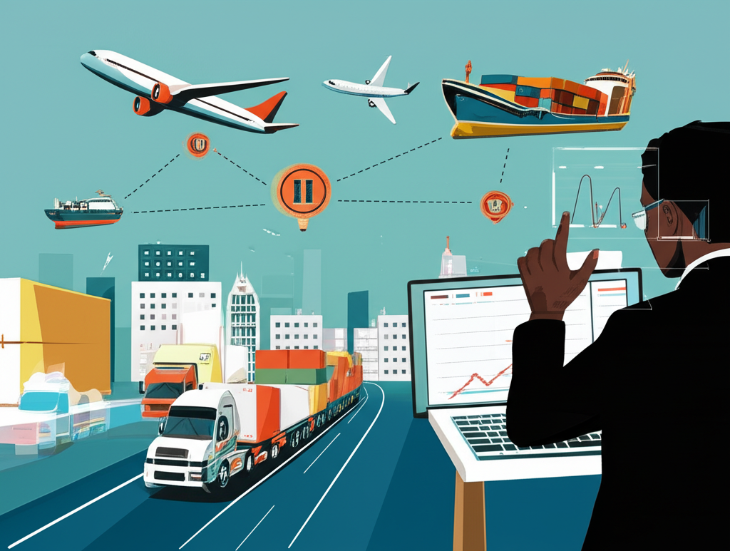 ภาพประกอบเครือข่ายโลจิสติกส์พร้อมรถบรรทุก เรือ เครื่องบิน และสัญลักษณ์หุ้น III กับนักลงทุนที่กำลังดูกราฟ