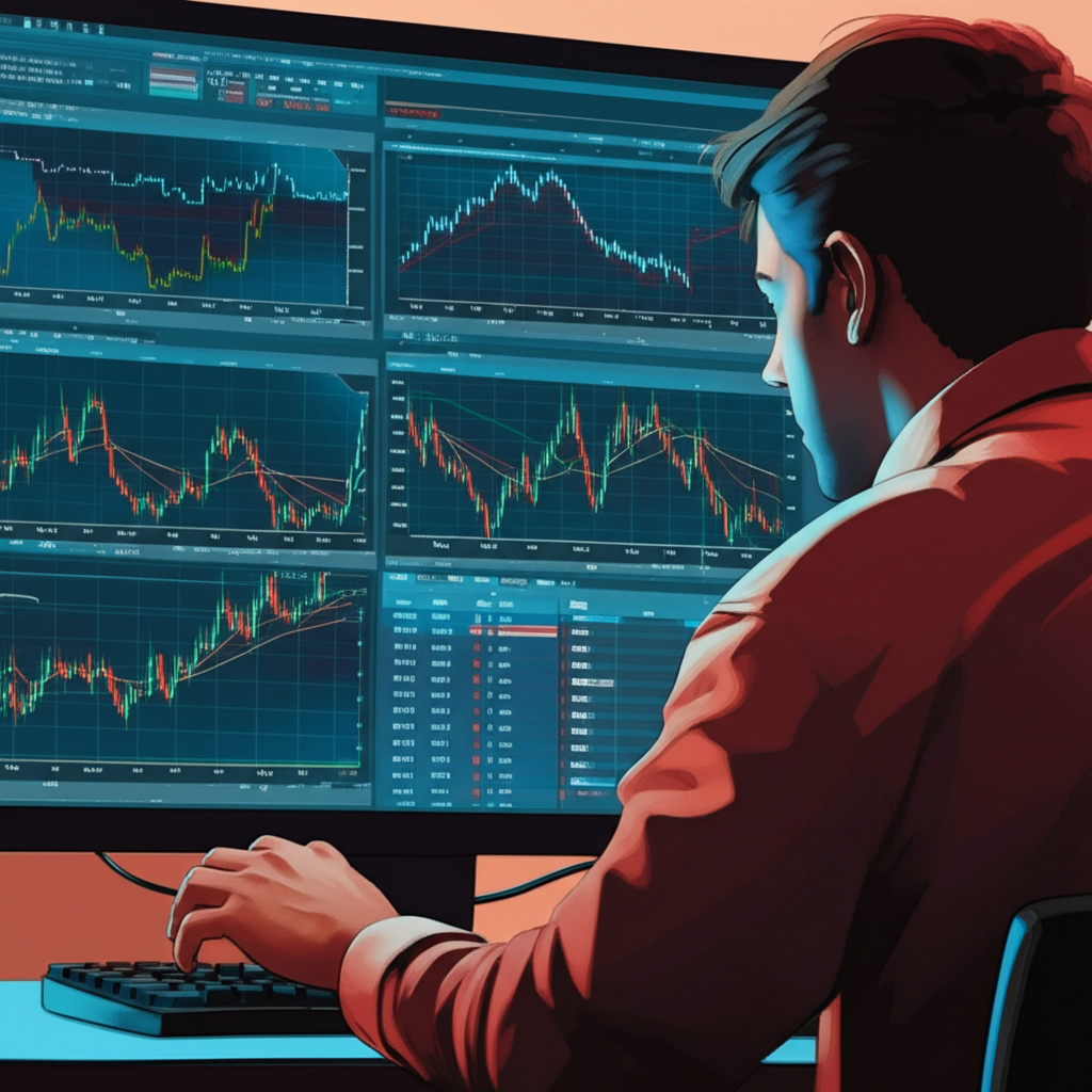 Illustration of a trader quickly analyzing currency movements on a screen with charts and data using Finviz as a powerful Forex tool