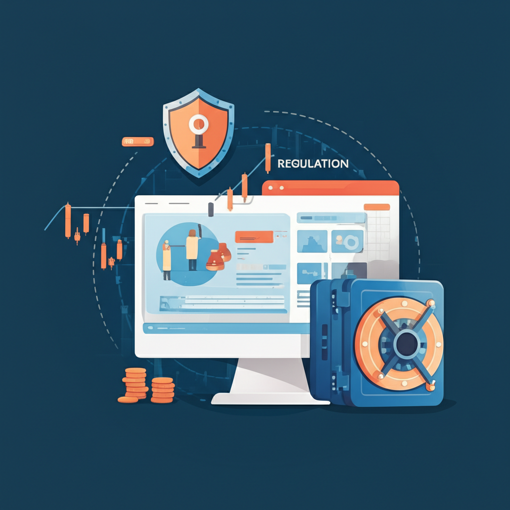 Illustration of essential broker criteria like regulation shield trading platform screen and secure fund vault