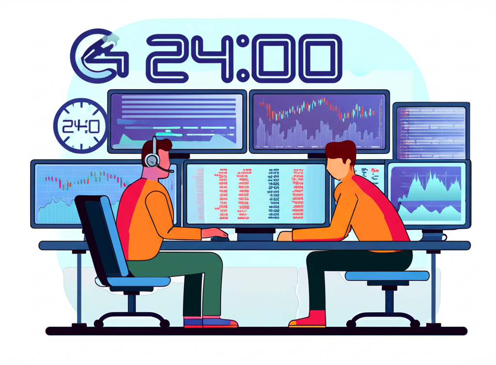 ภาพประกอบเทรดเดอร์ฟอเร็กซ์กำลังวิเคราะห์หน้าจอหลายจอ คู่สกุลเงิน ข้อมูลตลาดโลก และนาฬิกาแสดงการเปิดตลาด 24 ชั่วโมง