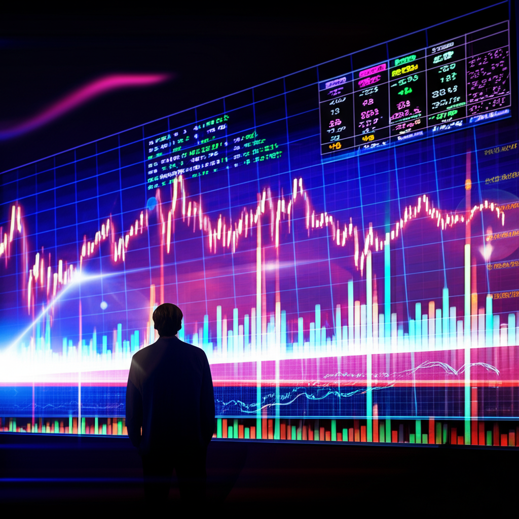 ภาพประกอบบุคคลสำรวจโลกการเงินที่ซับซ้อนพร้อมกราฟเทรดและโอกาส