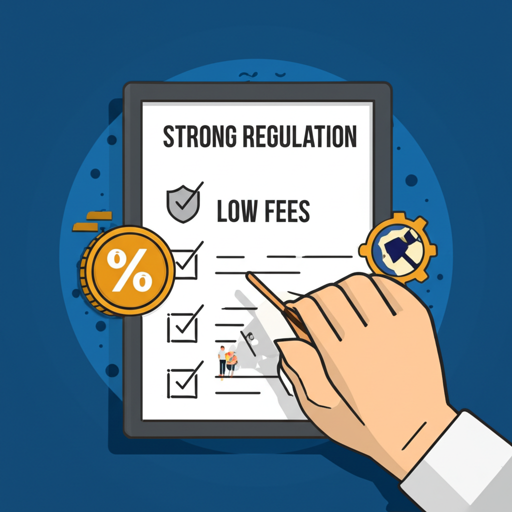 Illustration of a checklist with icons for strong regulation low fees and modern trading platforms for forex broker selection