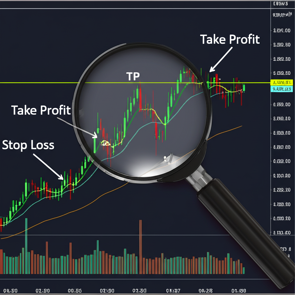 Magnifying glass focusing on Take Profit and Stop Loss symbols on a Thai market trading chart
