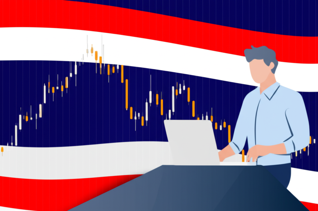 illustration of a person confidently trading forex on a laptop with thai flag background digital currency graphs