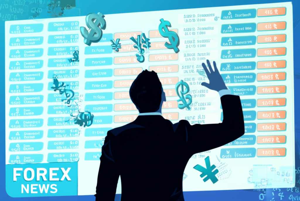 ภาพประกอบเทรดเดอร์กำลังดูปฏิทินข่าว Forex บนหน้าจอพร้อมสัญลักษณ์สกุลเงินลอยรอบตัว