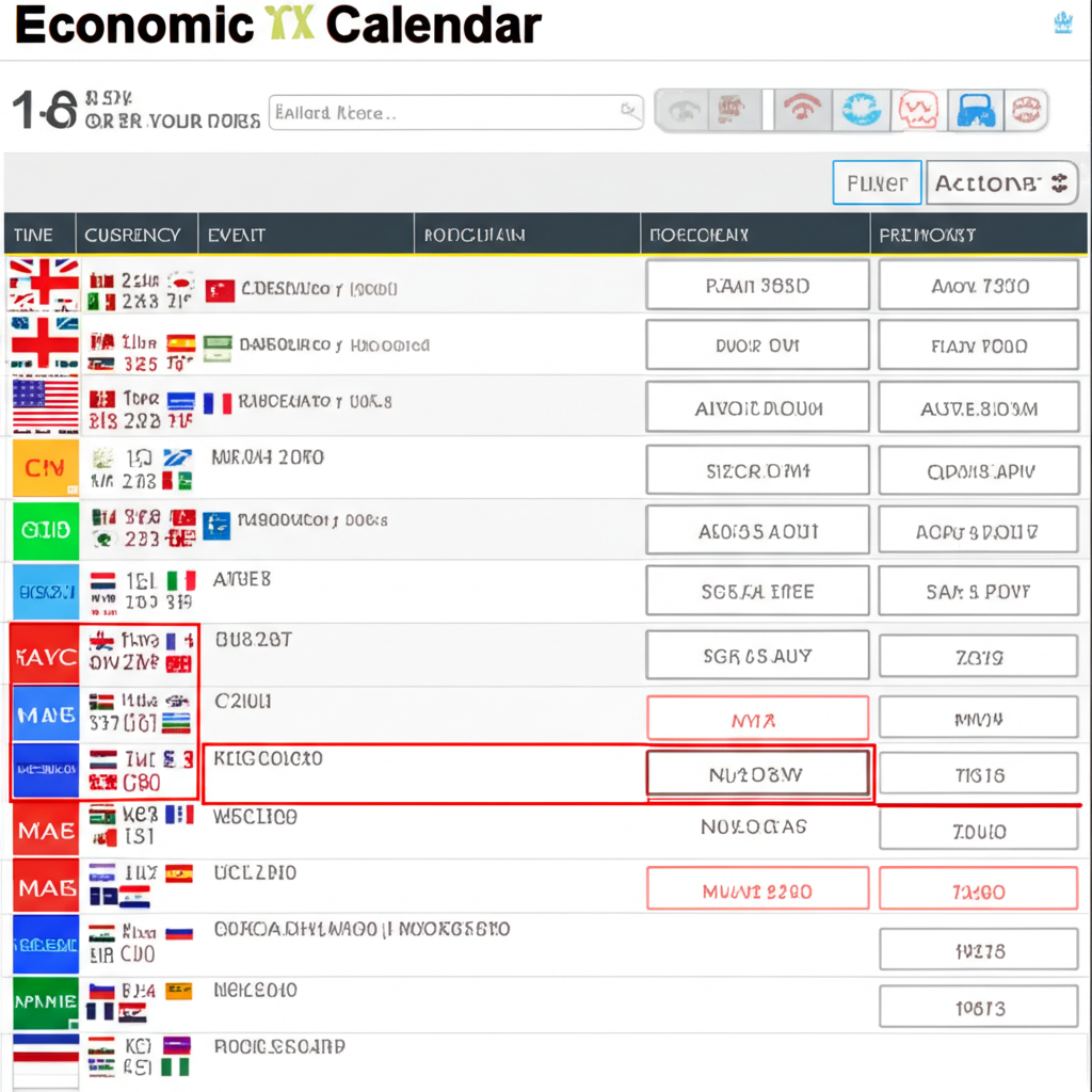 ภาพประกอบของปฏิทินเศรษฐกิจโดยละเอียดที่แสดงเวลา สกุลเงิน ผลกระทบ เหตุการณ์ ค่าจริง คาดการณ์ ค่าก่อนหน้า พร้อมตัวเลือกการกรอง