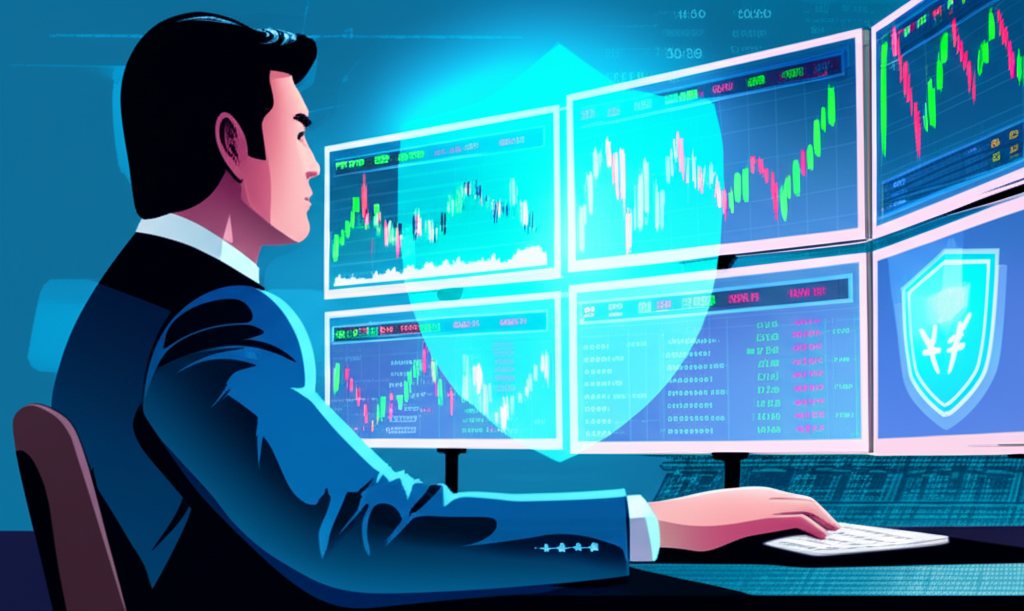 illustration of a confident thai trader looking at multiple screens with forex charts a secure shield icon protecting funds in the background