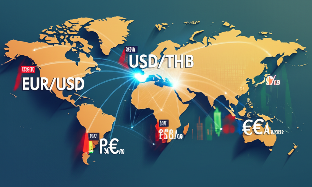 แผนภาพแสดงการซื้อขายคู่เงินสกุลหลักอย่าง EUR/USD และ USD/THB บนแผนที่โลก พร้อมชั่วโมงการเปิด-ปิดของตลาดหลักทั่วโลก