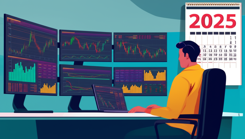 ภาพประกอบเทรดเดอร์ชาวไทยกำลังดูหน้าจอหลายตัวพร้อมกราฟ Forex และปฏิทินขนาดใหญ่ปี 2025