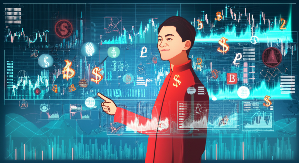 Illustration of a Thai trader confidently navigating a complex financial market with digital charts and currency symbols