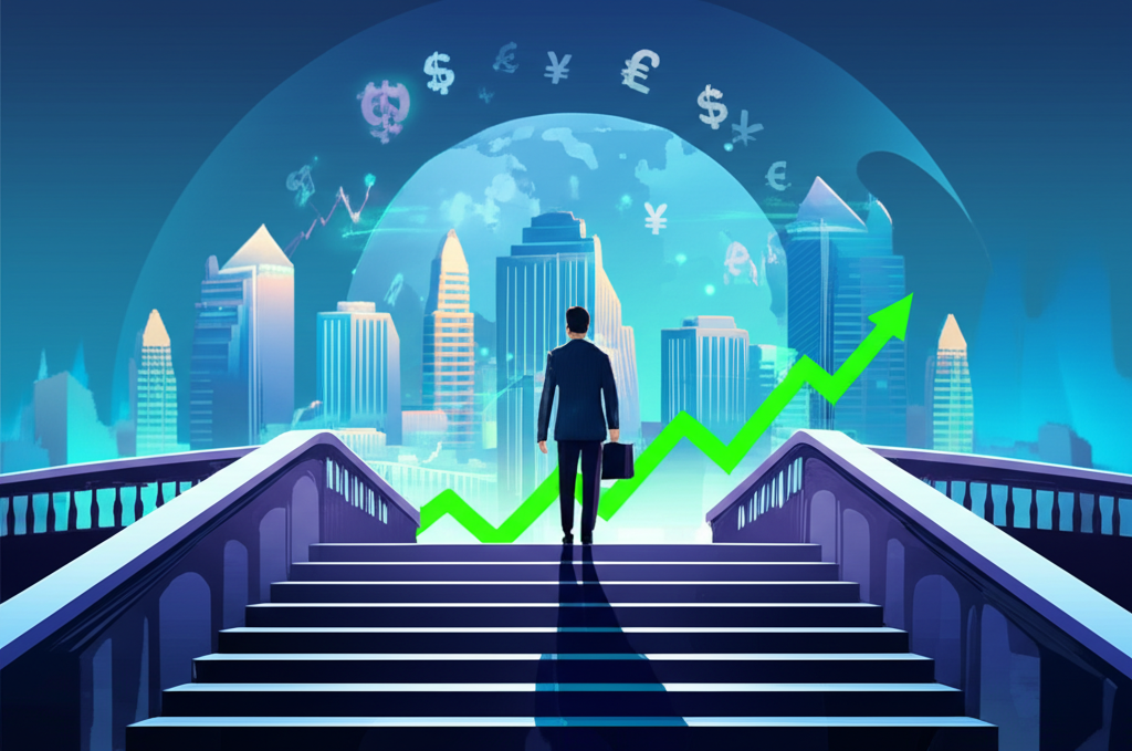 ภาพประกอบบุคคลข้ามสะพานแข็งแรงสู่ตลาดการเงินโลกพร้อมสัญลักษณ์สกุลเงินและกราฟการเติบโตที่แสดงการเทรด Forex อย่างปลอดภัย