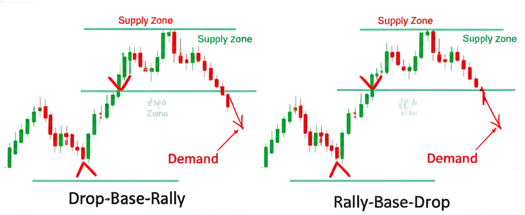 กราฟราคาที่แสดงรูปแบบ Drop-Base-Rally และ Rally-Base-Drop พร้อมการระบุโซนดีมานด์และซัพพลายอย่างชัดเจน
