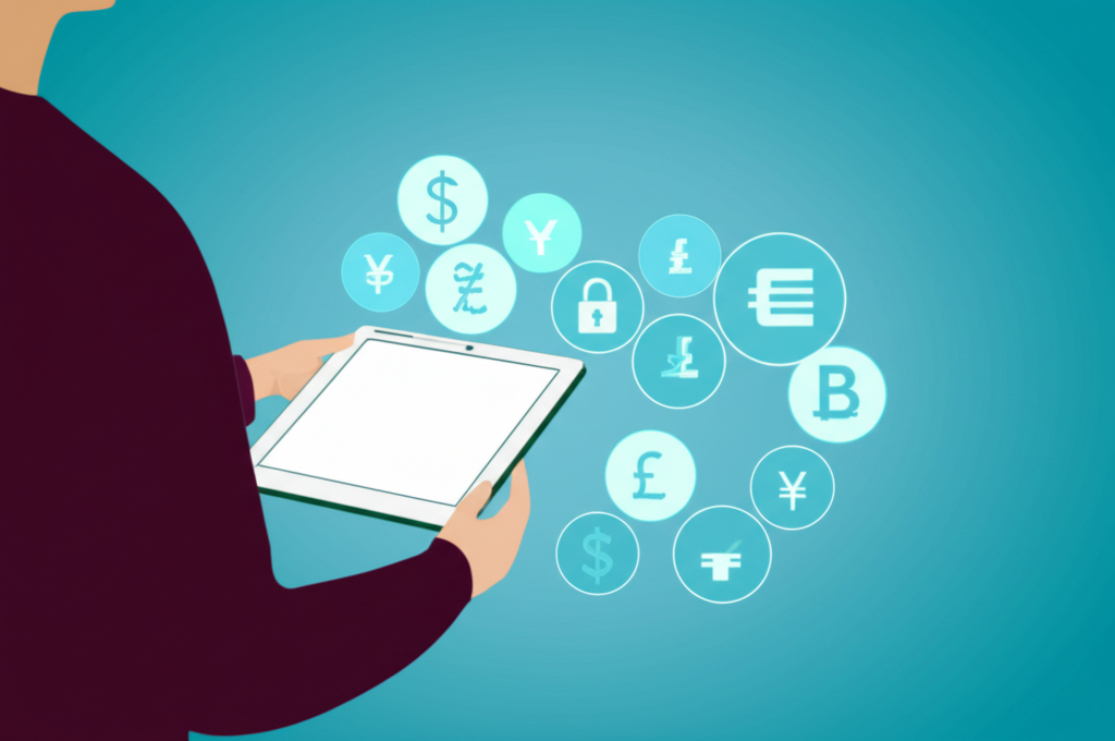 ภาพประกอบของชาวไทยกำลังค้นคว้าโบรกเกอร์ Forex บนแท็บเล็ตพร้อมสัญลักษณ์สกุลเงินโลกและไอคอนล็อกที่ปลอดภัย