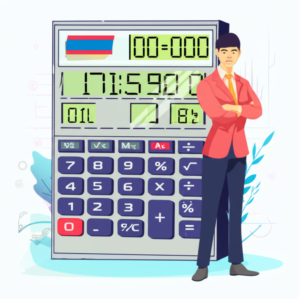 A Thai trader looking confident with a forex calculator simplifying complex pip and margin calculations illustration