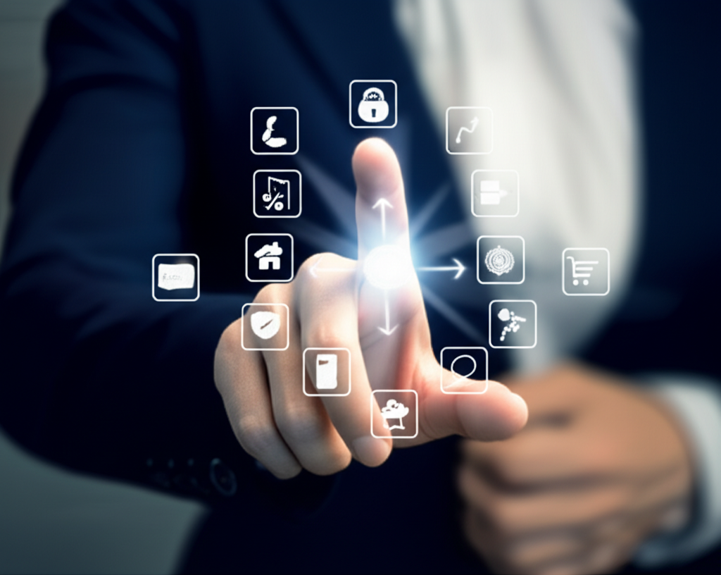 illustration of a person selecting a forex broker from many options with icons for security low cost and good service