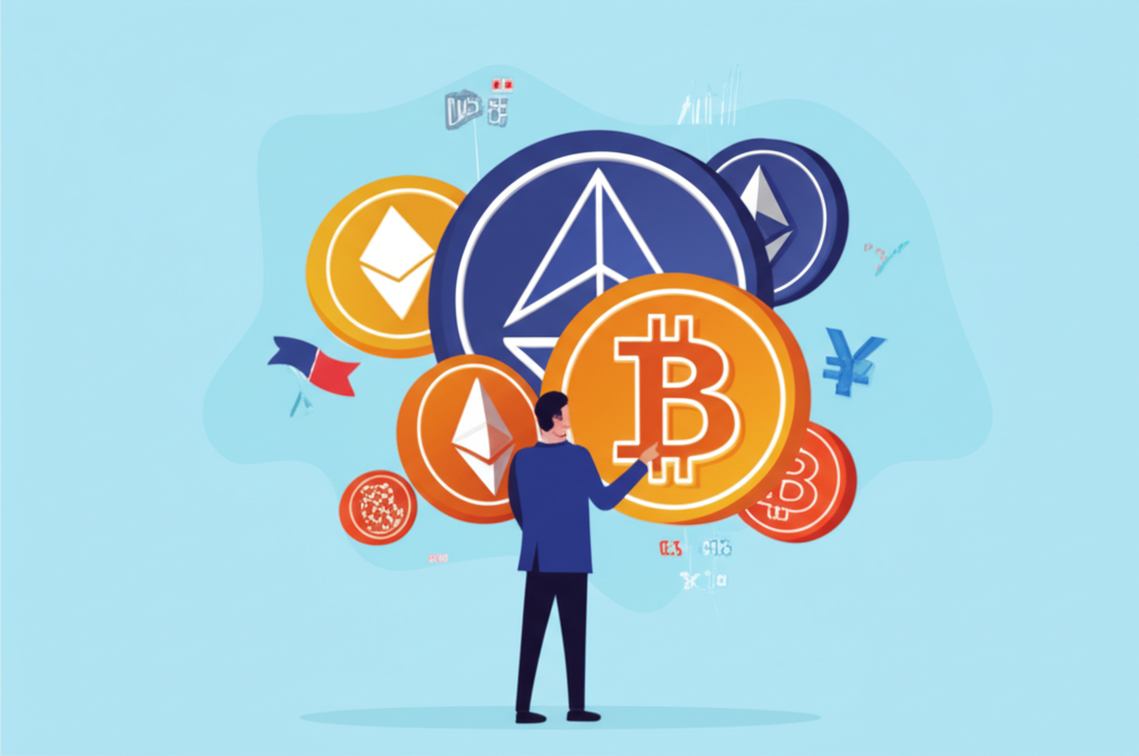 ภาพประกอบสินทรัพย์การเงินหลากหลายเช่นกราฟหุ้นเหรียญคริปโตและคู่สกุลเงินล้อมรอบบุคคล