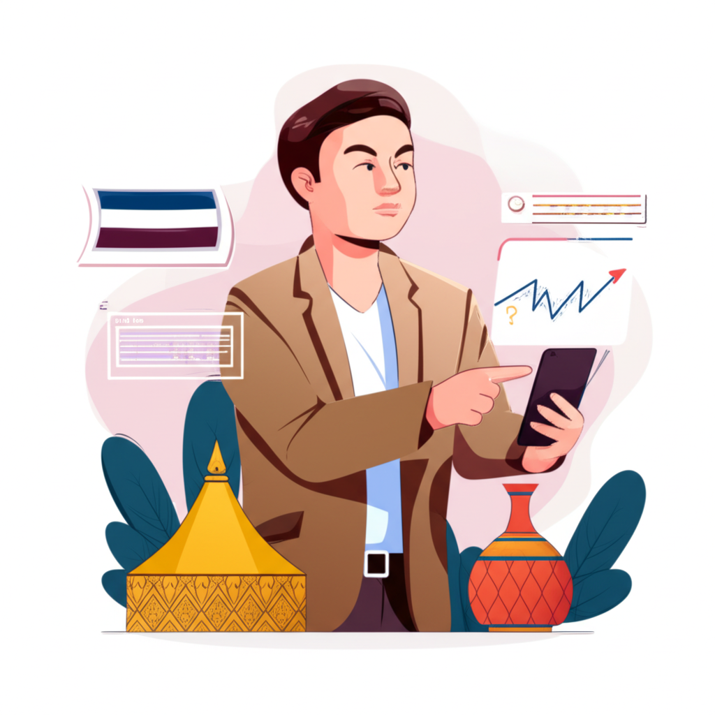 Illustration of a Thai investor confidently trading on a digital platform with growth charts and advanced technology