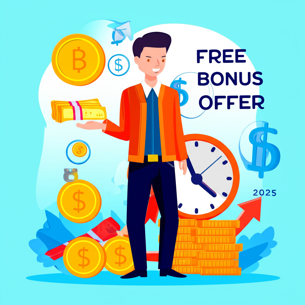Illustration of a Thai trader managing funds quickly with a clock and money symbols showing efficient capital management and a free bonus offer in 2025
