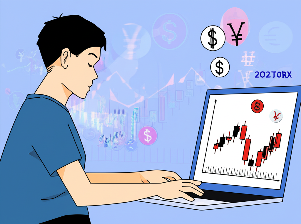 นักเทรดมือใหม่ชาวไทยเรียนรู้การเทรด Forex บนแล็ปท็อป พร้อมกราฟและสัญลักษณ์การเงินโลก พื้นหลังปี 2025