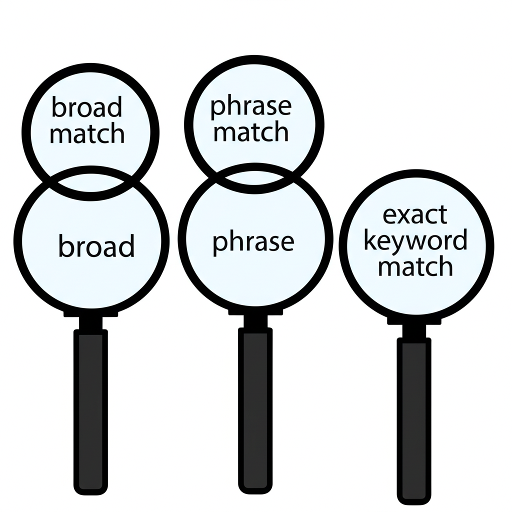 ภาพประกอบแว่นขยายสามอันแสดงประเภทการจับคู่ง่าย กว้าง และตรงทั้งหมดสำหรับคีย์เวิร์ด