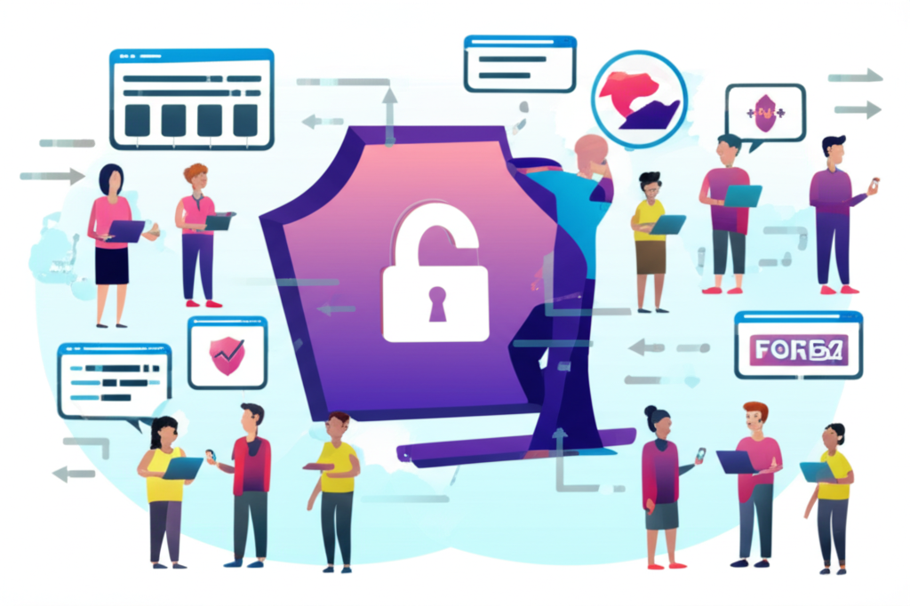 an illustration of a group of Thai traders on laptops and phones connected to a secure forex broker