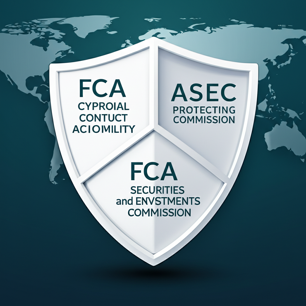 Global regulatory bodies like FCA CySEC ASIC protecting investors illustration