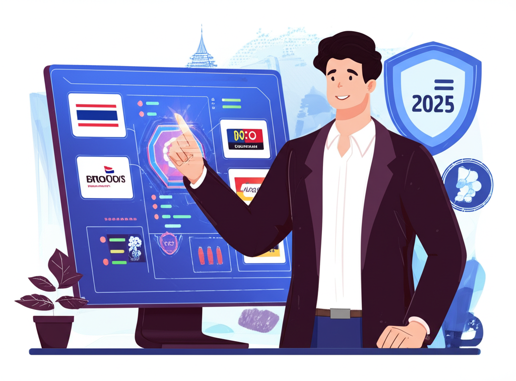 An illustration of a confident Thai trader choosing the best forex broker for 2025 with various broker logos and security symbols around them