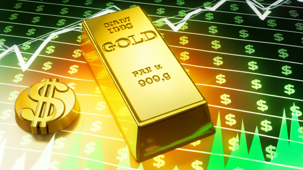 Illustration of a gold bar and dollar signs on a digital screen with market charts representing XAU USD trading