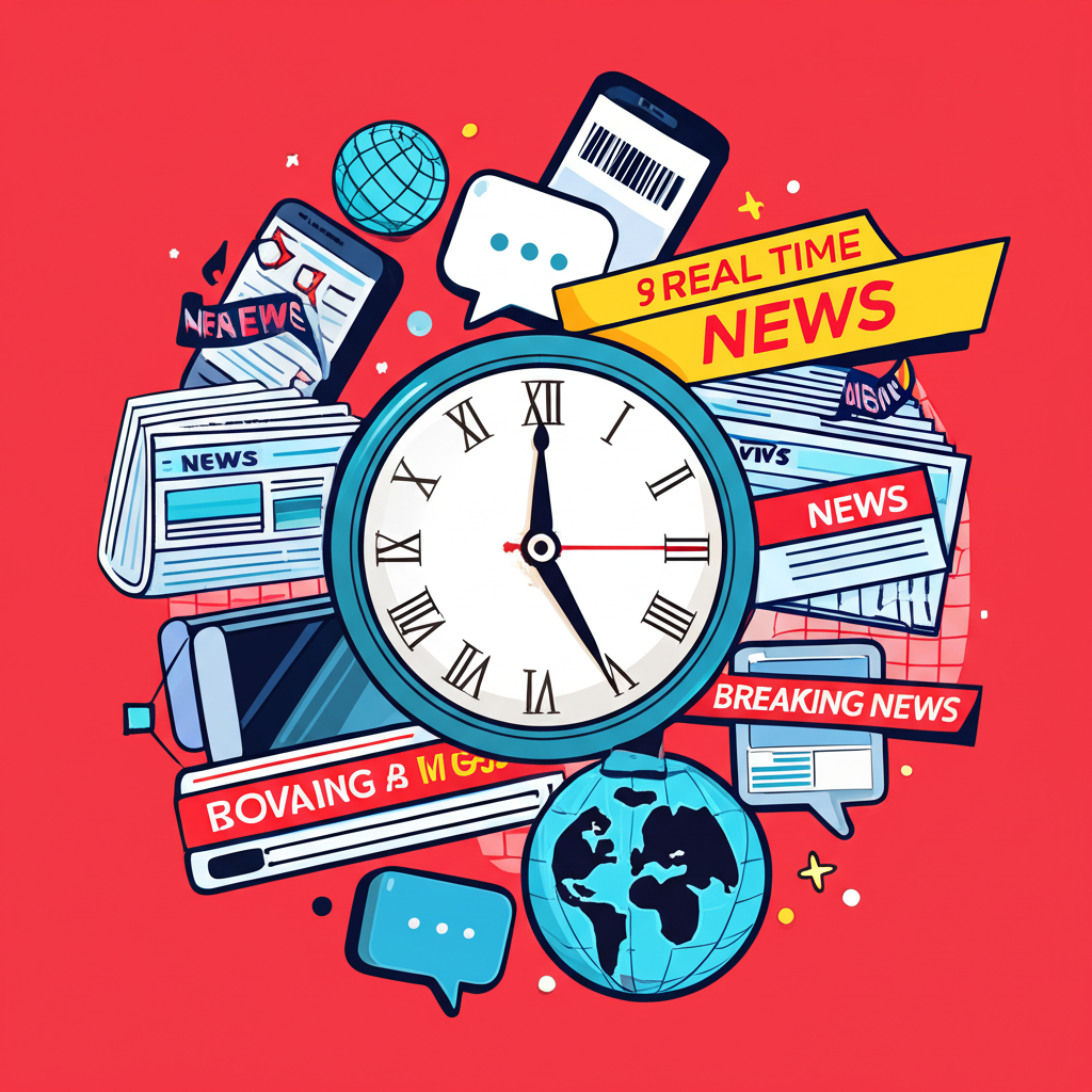 ภาพประกอบนาฬิกาพร้อมไอคอนข่าวต่าง ๆ สื่อถึงการอัปเดตข่าวสารแบบเรียลไทม์และการครอบคลุมที่ครบถ้วน