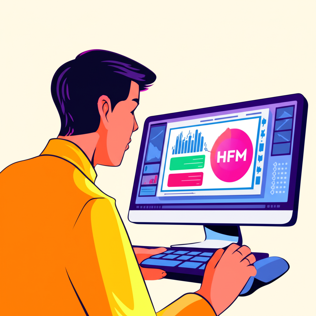 ภาพประกอบเทรดเดอร์ไทยกำลังพิจารณาความน่าเชื่อถือของ HFM ผ่านหน้าจอที่แสดงโลโก้ HFM และตัวเลือกการเทรด