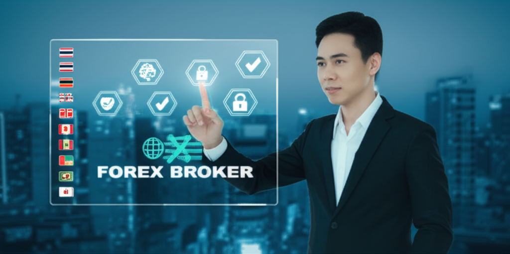 illustration of a thai trader confidently choosing a safe forex broker with global regulations and digital security