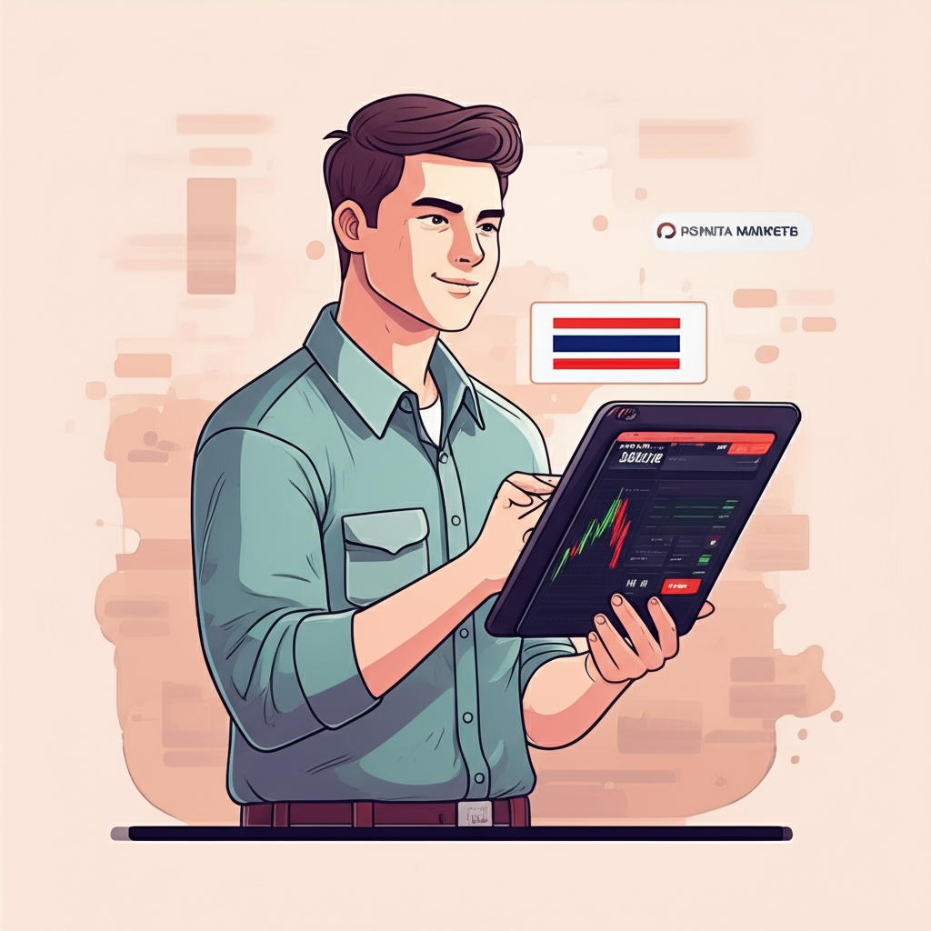 นักเทรดชาวไทยกำลังซื้อขาย Forex อย่างมั่นใจบนแท็บเล็ต พร้อมกราฟดิจิทัลและโลโก้ Moneta Markets