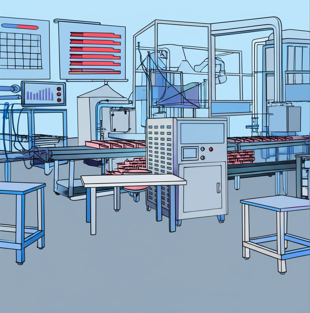 ภาพประกอบโรงงานผลิตเครื่องจักรอุตสาหกรรม ระบบทำความเย็น และเครื่องจักรแปรรูปอาหารพร้อมกราฟหุ้น PK