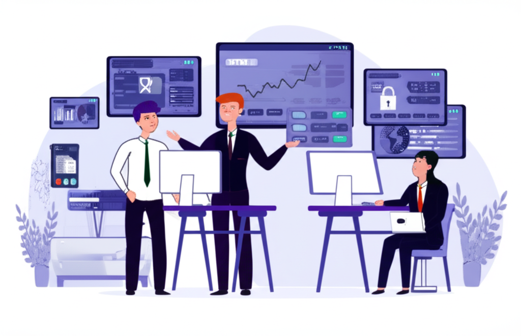 An illustration of Thai traders confidently navigating a digital forex market with secure brokers and excellent local support