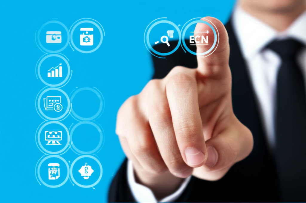 ภาพประกอบของประเภทบัญชี Forex ต่างๆ ที่แสดงด้วยไอคอนหลากหลายและบุคคลกำลังเลือกหนึ่งในนั้น